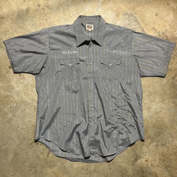 Vintage 80s Ely Cattleman Grey Striped Pearl Snap Shirt - Picture 1 of 3